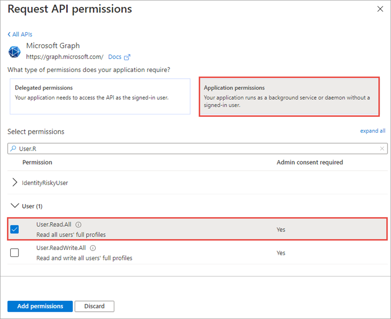 Screenshot of the User.Read.All permission in the Request API permissions panel