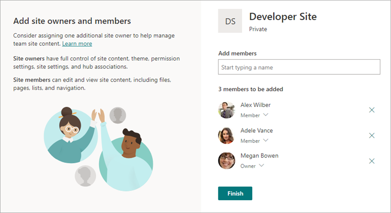 Screenshot of the Add site owners and members panel