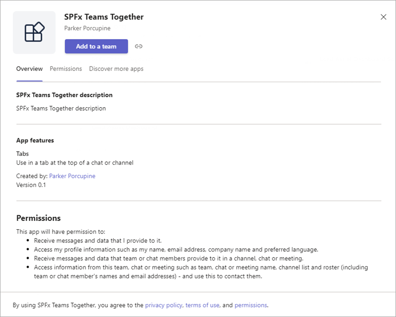 Screenshot installing the SPFx Teams Together app.