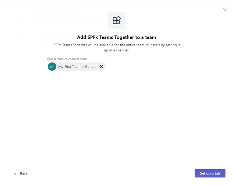 Screenshot setting up the SPFx Teams Together app.