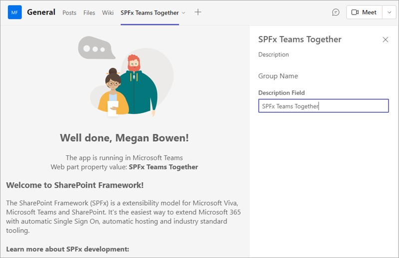 Screenshot of the working SPFx Teams Together app.