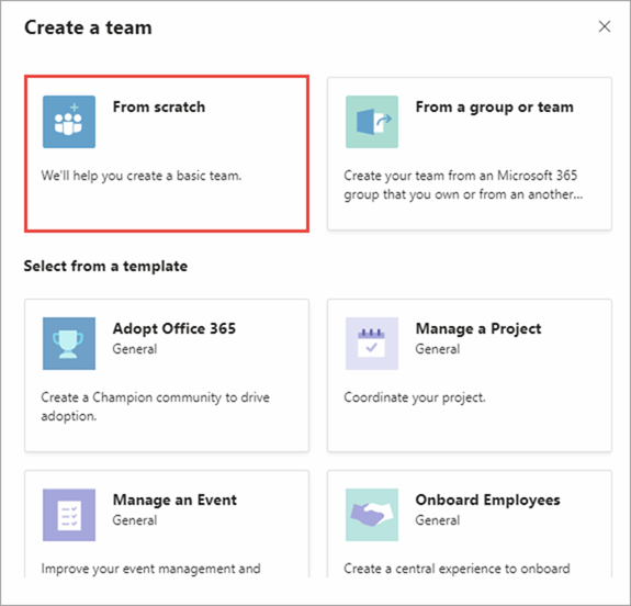 Screenshot of the create teams dialog - create team dialog options.