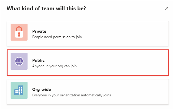 Screenshot of the create teams dialog - create team privacy options.