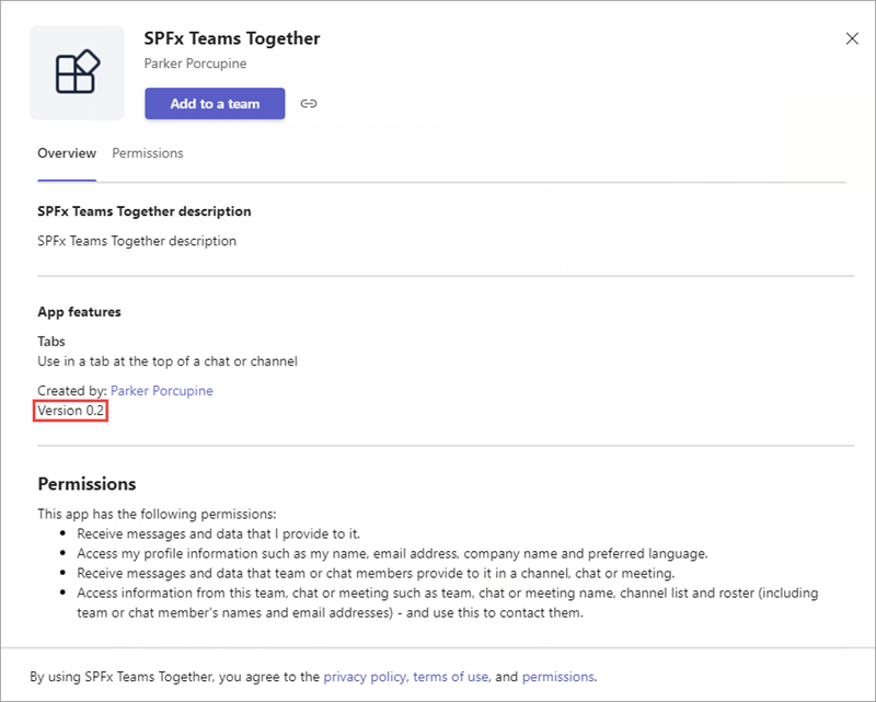 Screenshot of the SPFx Teams Together dialog