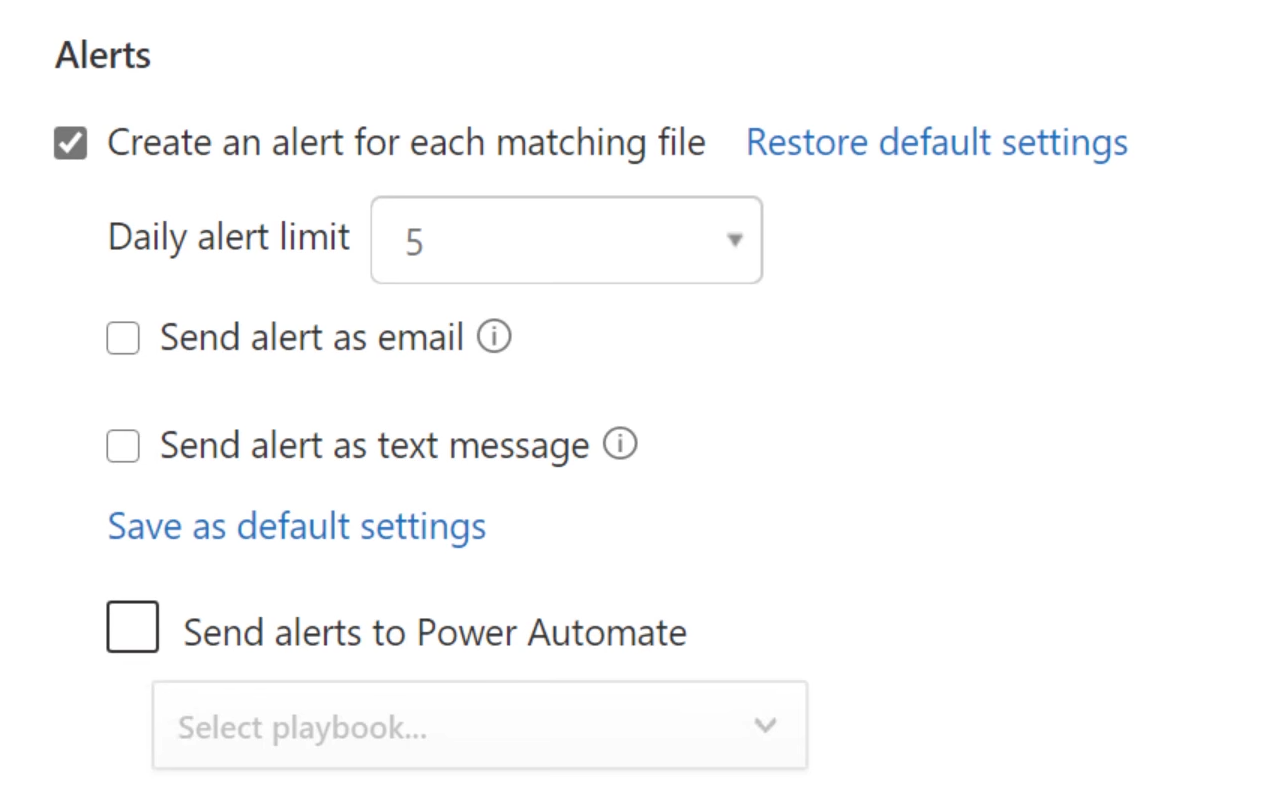 A screenshot of the Microsoft Defender for Cloud Apps portal showing how to configure alerts for a policy.
