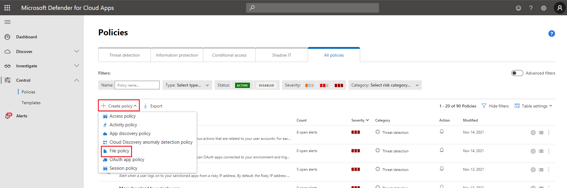 A screenshot of the Microsoft Defender for Cloud Apps portal showing how to create a file policy.