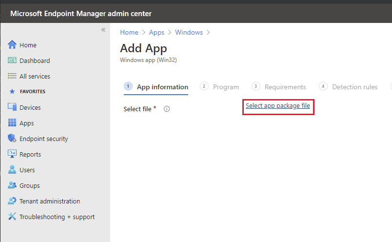 Microsoft Endpoint Manager Select Add App page.