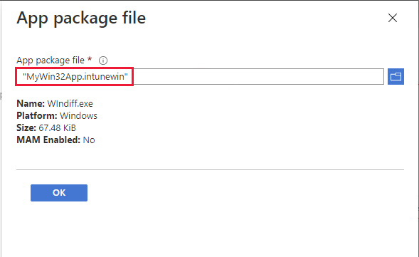Microsoft Endpoint Manager App package pane.