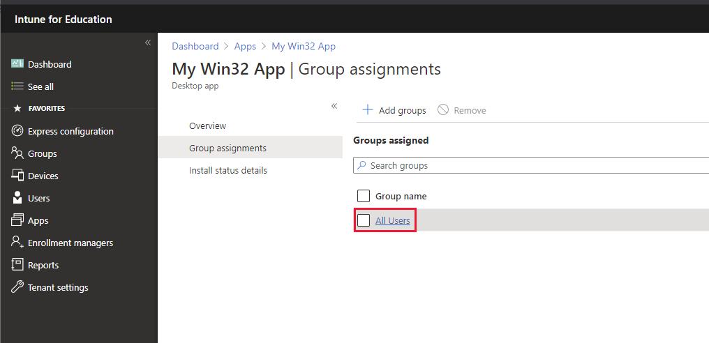 Intune for Education Apps | App | Groups assignments page