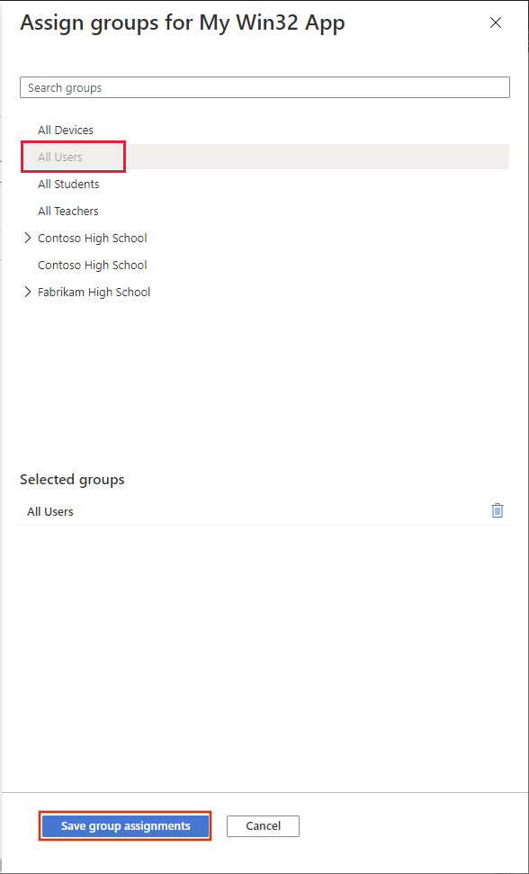 Intune for Education Apps | App | Assign groups pane
