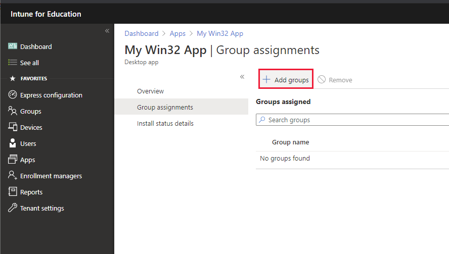 Intune for Education Apps | App | Group assignments page