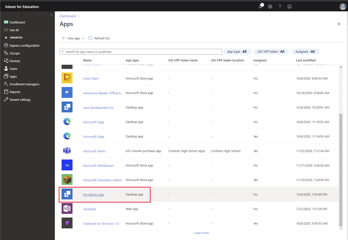 Screenshot of using Apps in Intune for Education.