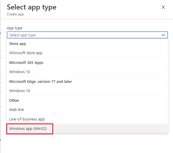 Microsoft Endpoint Manager Select app type pane | Overview page
