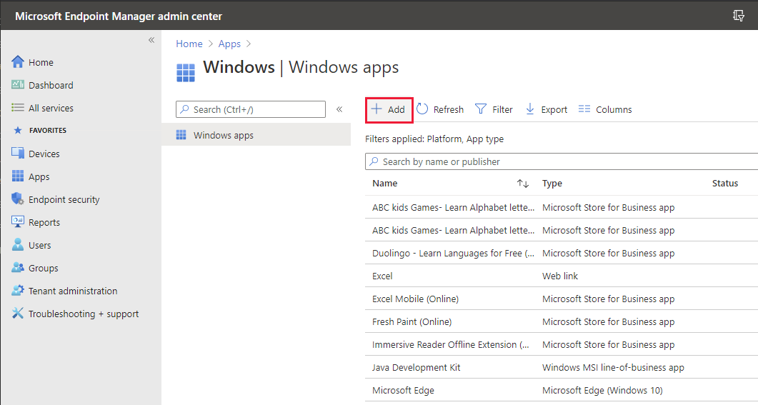 Microsoft Endpoint Manager Windows | Windows apps page