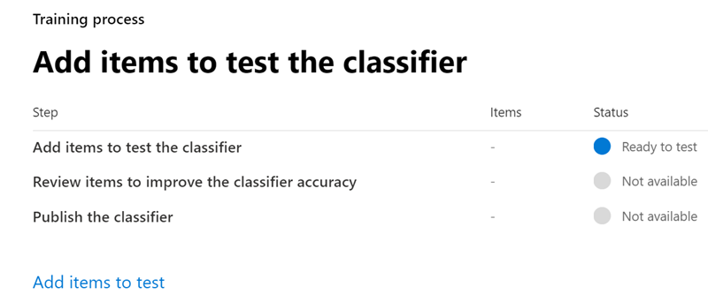 Screenshot shows Add items to test the classifier screen.