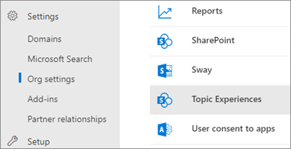 Screenshot of the Microsoft 3 65 admin center. The org settings page is open with the Topic Experiences tab selected.