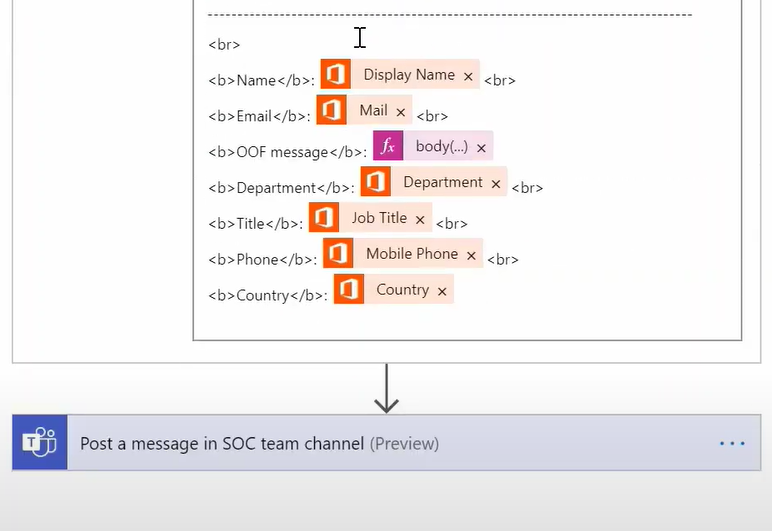 Power Automate message for SOC team.