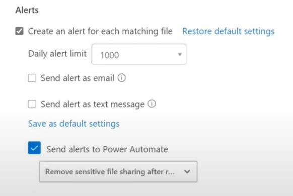 Modal for Alerts in Defender for Cloud Apps with Send alerts to Power Automate checked.
