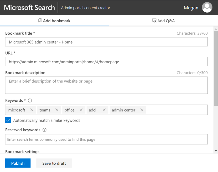 Image showing fields for adding a bookmark using the Microsoft Search content creator extension.