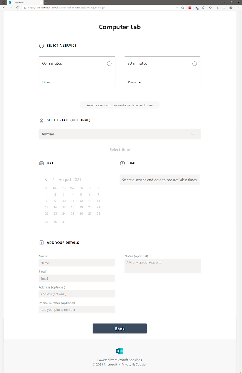 Screenshot of booking page, including appointment type, calendar and times available.