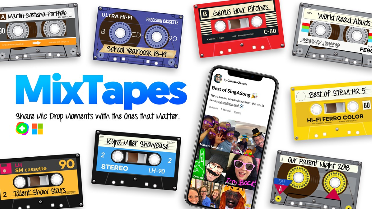 Illustration of audio cassette tapes with text MixTapes: Share Mic Drop Moments with the ones that matter.