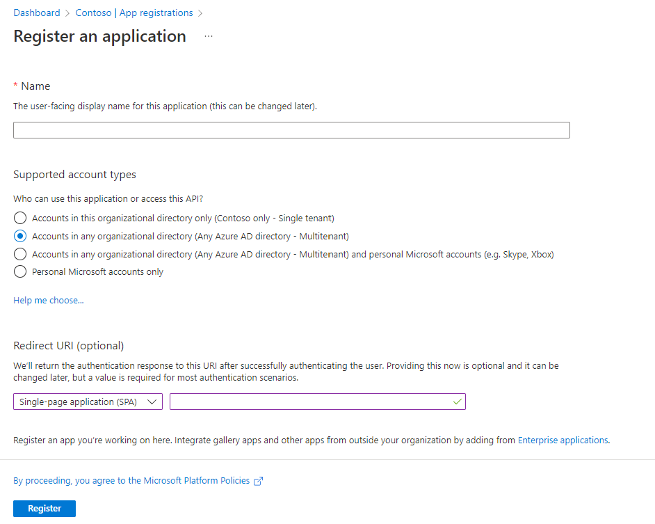 Screenshot that shows registering your application in Microsoft Entra ID.
