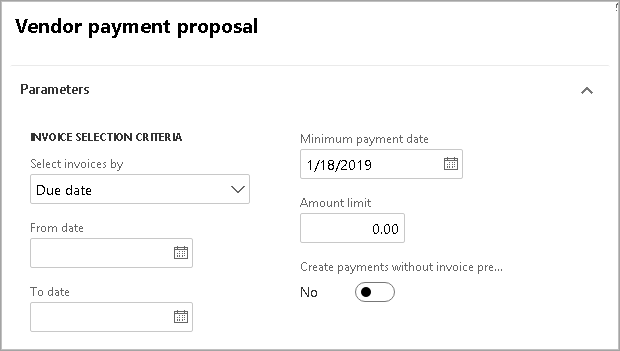 Screenshot showing the parameters on the Vendor payment proposal page.