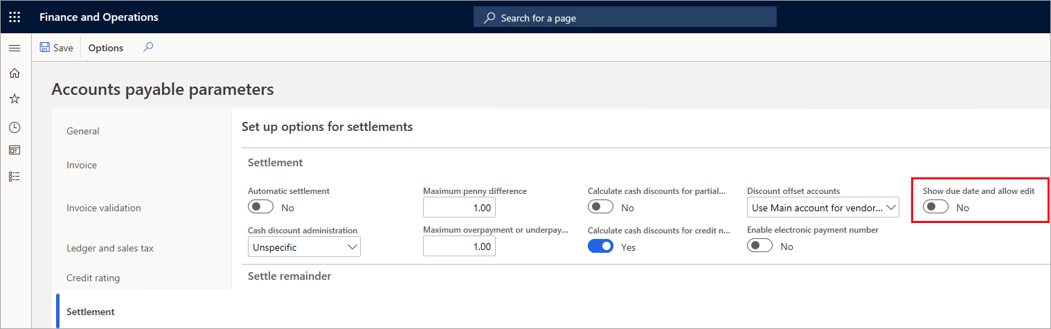 Screenshot of the Accounts payable parameters page highlighting the Show due date and allow edit button.