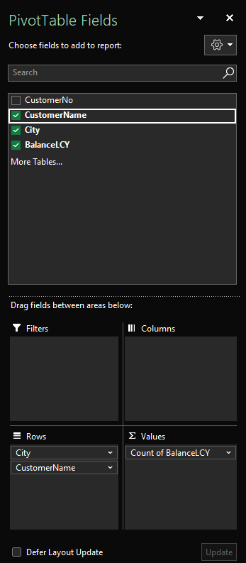 Screenshot of the PivotTable fields pane with CustomerName, City, and BalanceLCY fields selected.