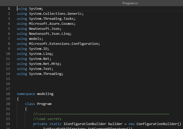 Screenshot of Cloud Shell with Visual Studio Code, displaying a list of 'using' statements, the app namespace, and the start of the Program class.