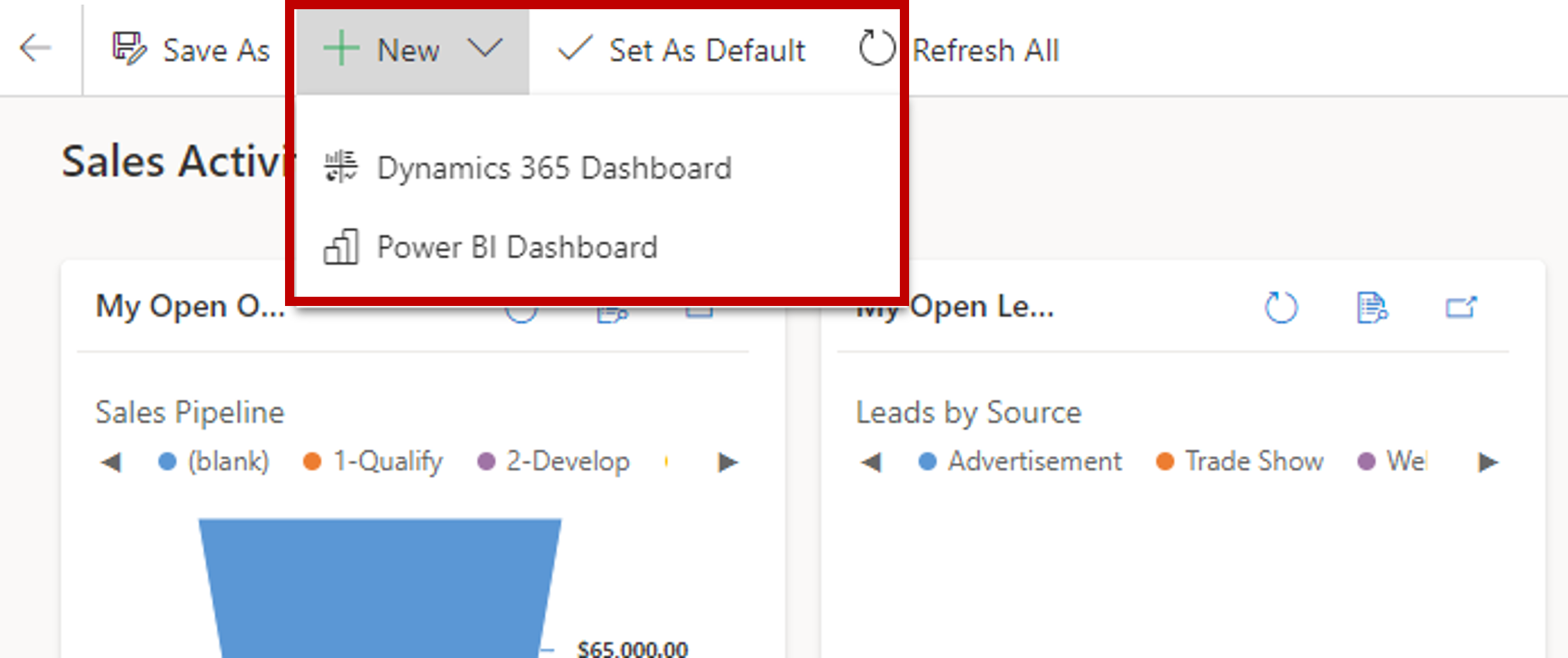 Screenshot showing the New button dropped down to reveal the Power BI dashboard option.