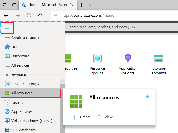 Screenshot of the Show portal menu button in the Azure portal with the All resources option selected.