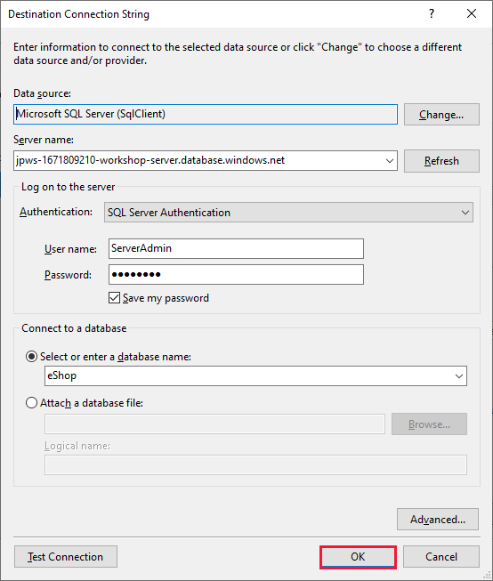 Screenshot of the Destination Connection String dialog box with the settings required to connect to the eShop database running in Azure SQL Database.