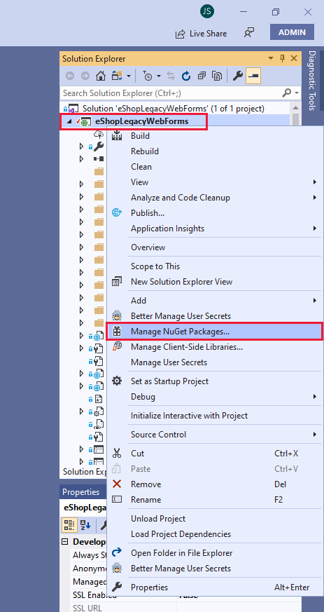 Screenshot of the shortcut menu for the eShopLegacyWebForms project in the Solution Explorer window with Manage NuGet Packages selected.