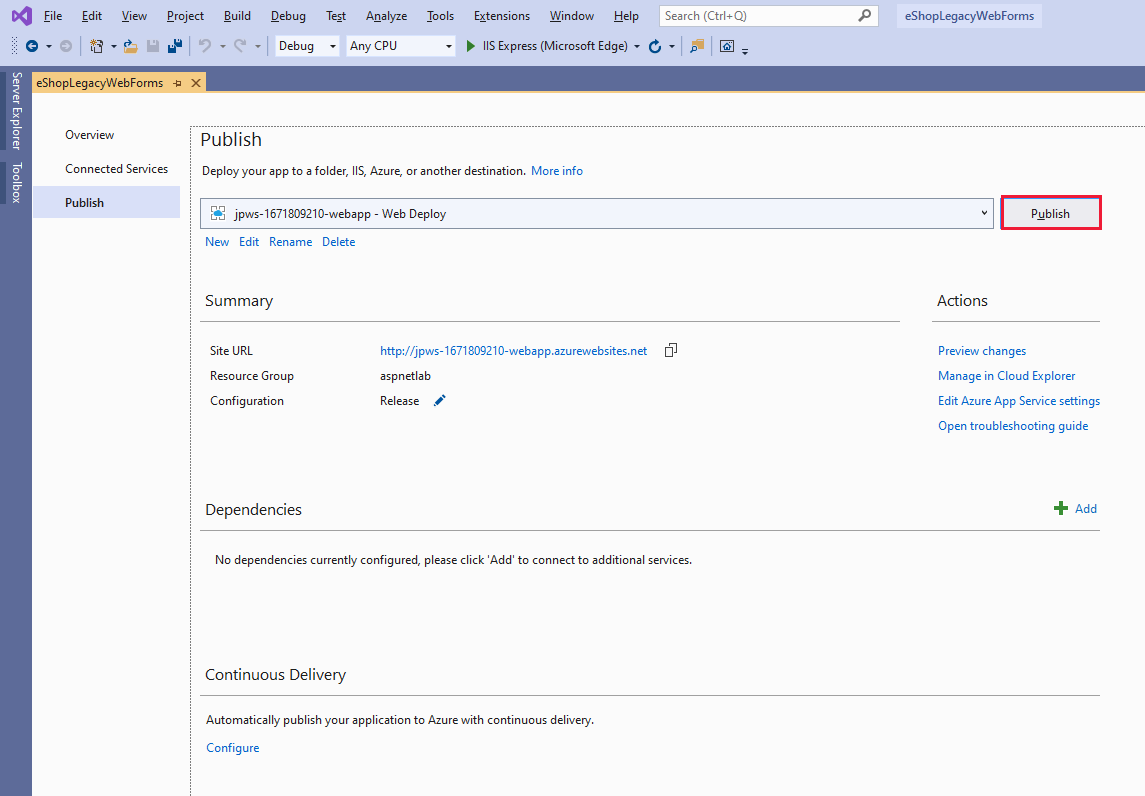 Screenshot of the Publish page with Publish selected.