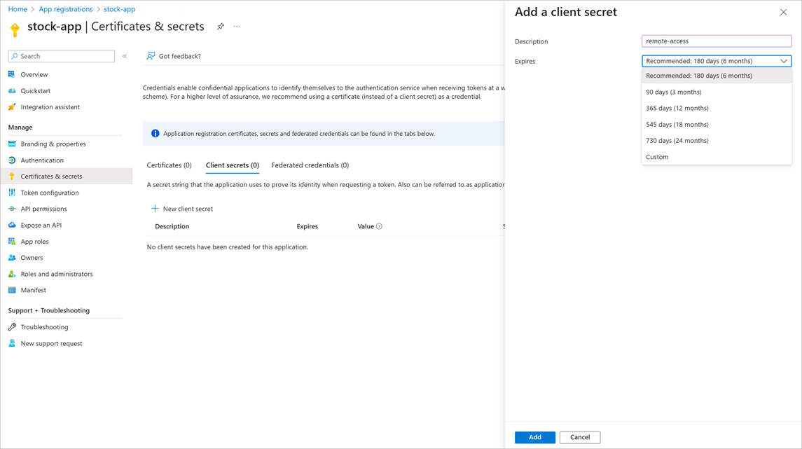 Screenshot showing how to add a client secret.