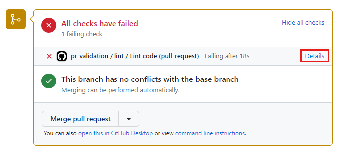 Screenshot of GitHub that shows the failed status check on the pull request details page.