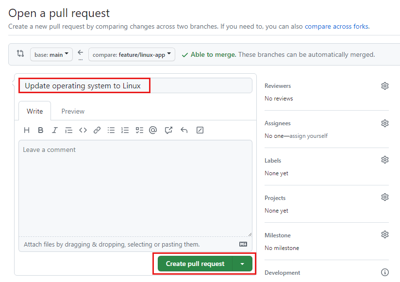 Screenshot of GitHub 'Open a pull request' pane, which displays the 'Create pull request' button.