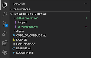Screenshot of Visual Studio Code that shows the PR validation dot YML file within the workflows folder.