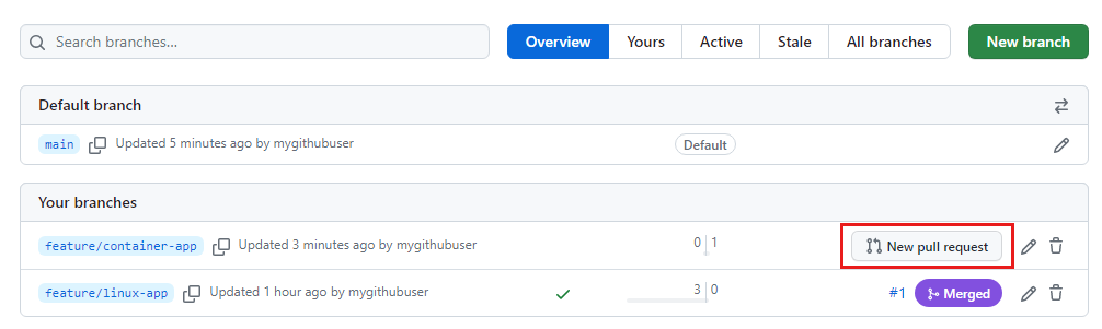 Screenshot of GitHub that shows the link to create a pull request for the feature slash container app branch.