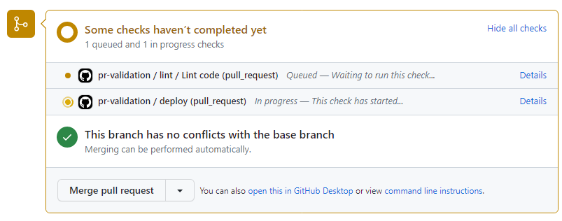 Screenshot of the GitHub pull request that shows the status check items. The 'Details' link for the 'deploy' job is highlighted.