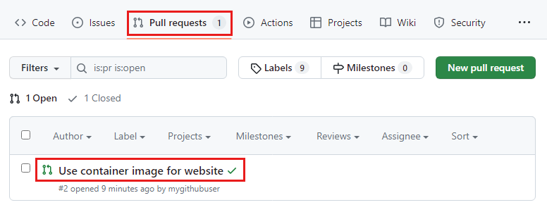 Screenshot of GitHub showing the list of open pull requests in the repository.