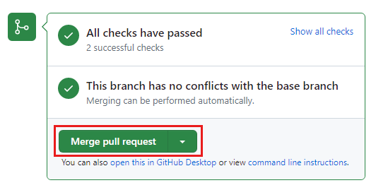 Screenshot of the GitHub pull request showing that the two status checks have passed.