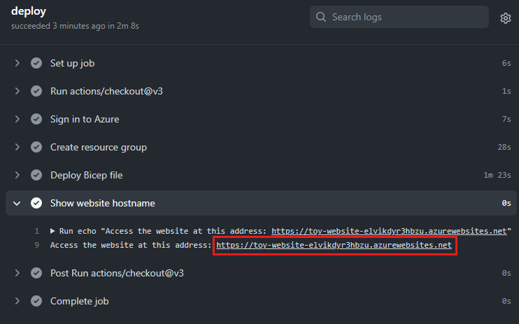 Screenshot of the GitHub Actions deployment log. The website URL in the Show website hostname step is highlighted.
