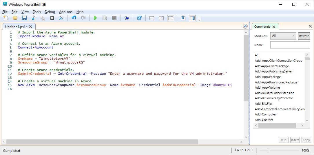 Screenshot of the Windows PowerShell Integrated Scripting Environment with a script to create a virtual machine open in the editing window.