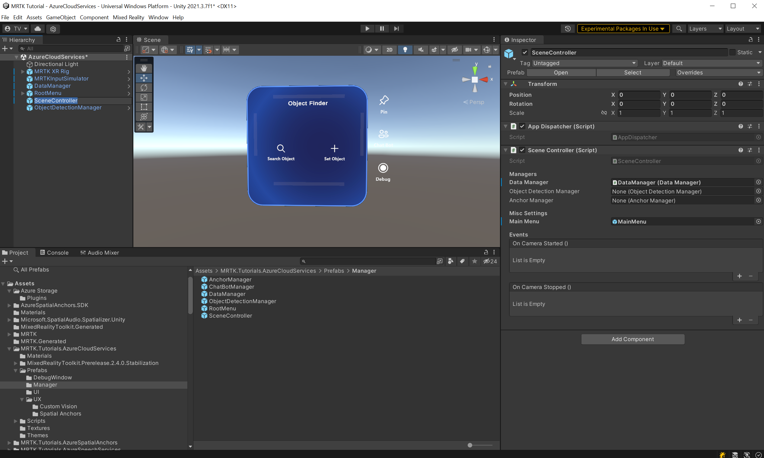 Screenshot of Unity with SceneController script component configuration fields shown in Inspector.