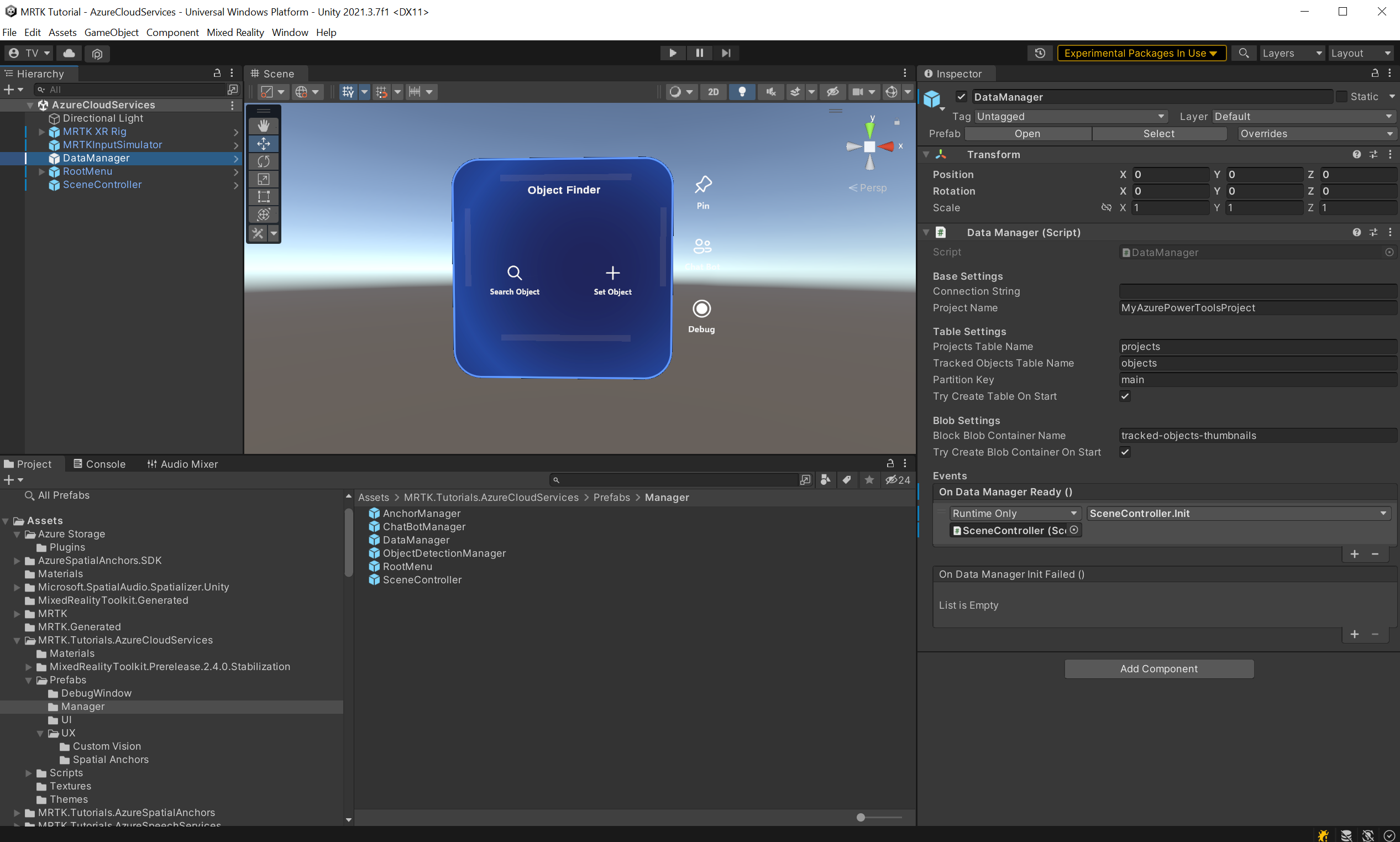 Screenshot of Unity with DataManager script component configuration fields shown in Inspector.