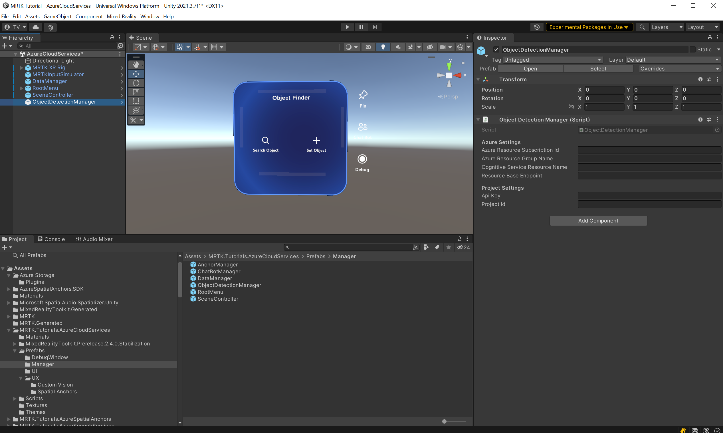 Screenshot of Unity with ObjectDetectionManager script component configuration fields shown in Inspector.