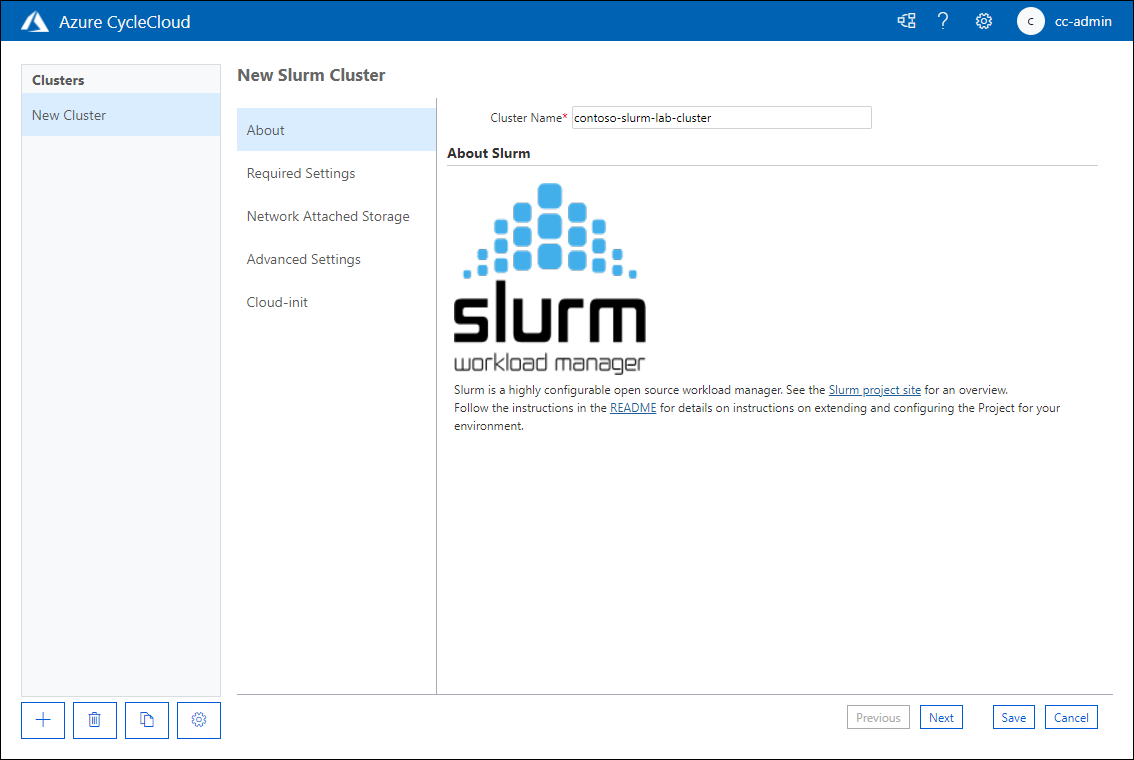 Screenshot that shows the About tab of the New Slurm Cluster page of the Azure CycleCloud web application.