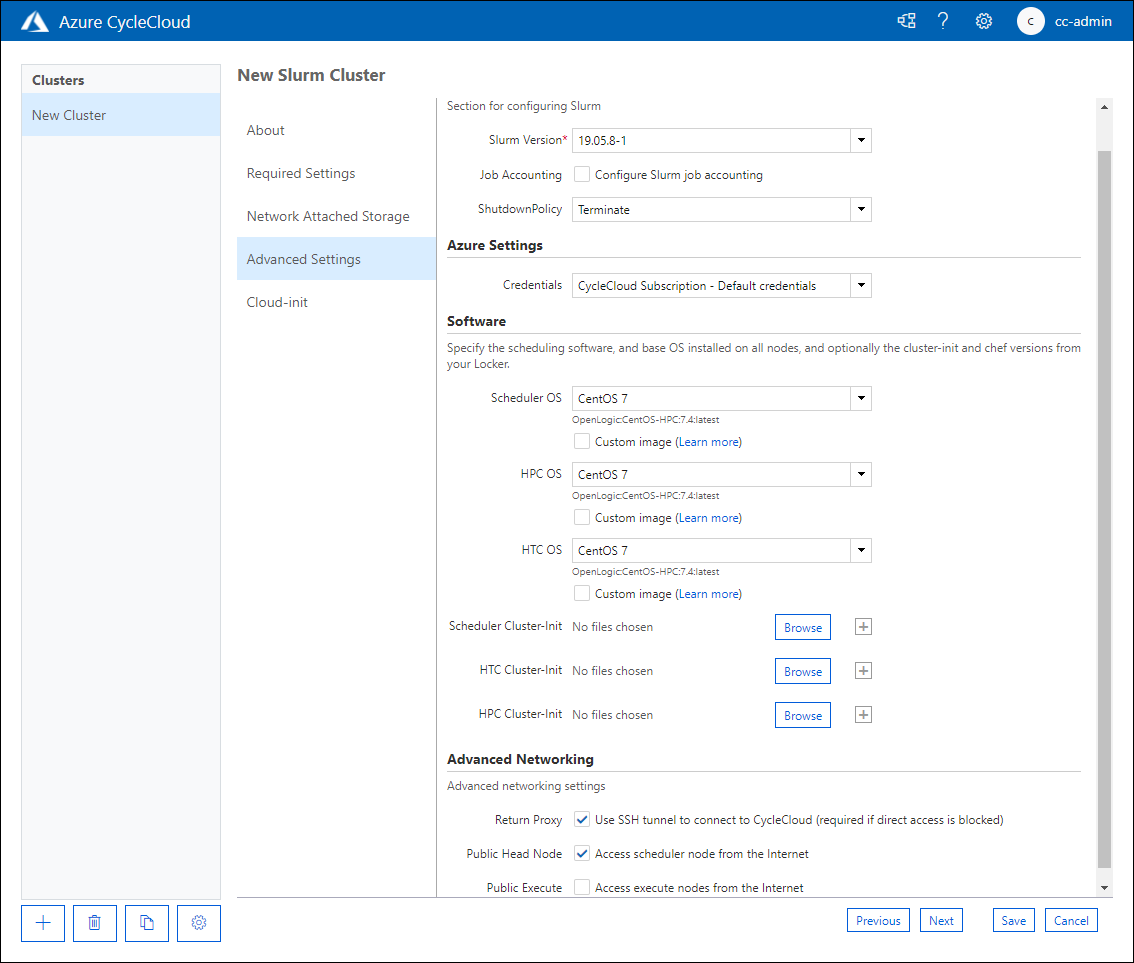 Screenshot that shows the Advanced Settings tab of the New Slurm Cluster page of the Azure CycleCloud web application.